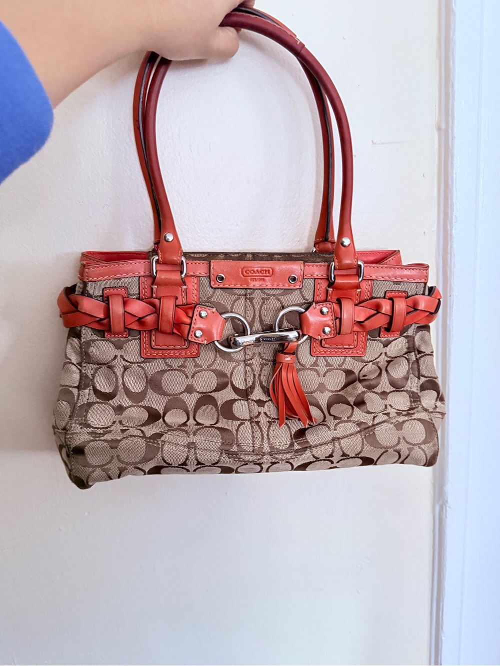 Coach Tan Signature Canvas Shoulder Bag with Coral Leather Trim